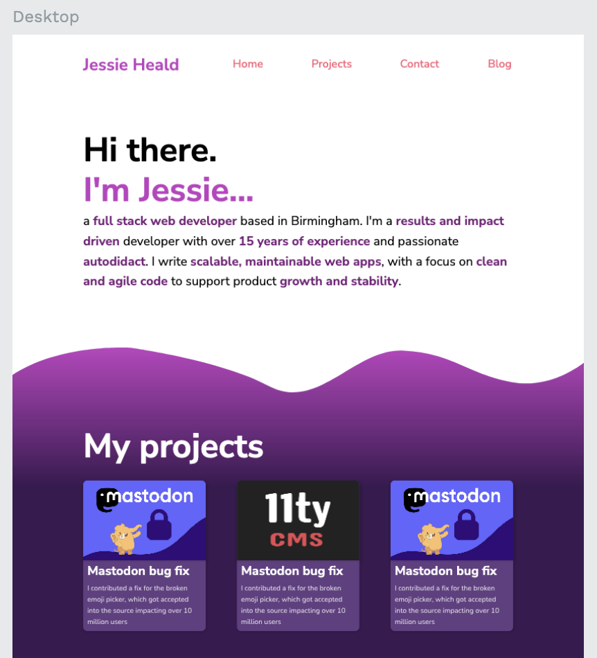 Another screenshot of the early prototype. Same layout as last time, only beneath the introduction text, there's a purple wave, getting darker as you move down the page. There's a real contrast between the menu bar and header, and the content of the page.
