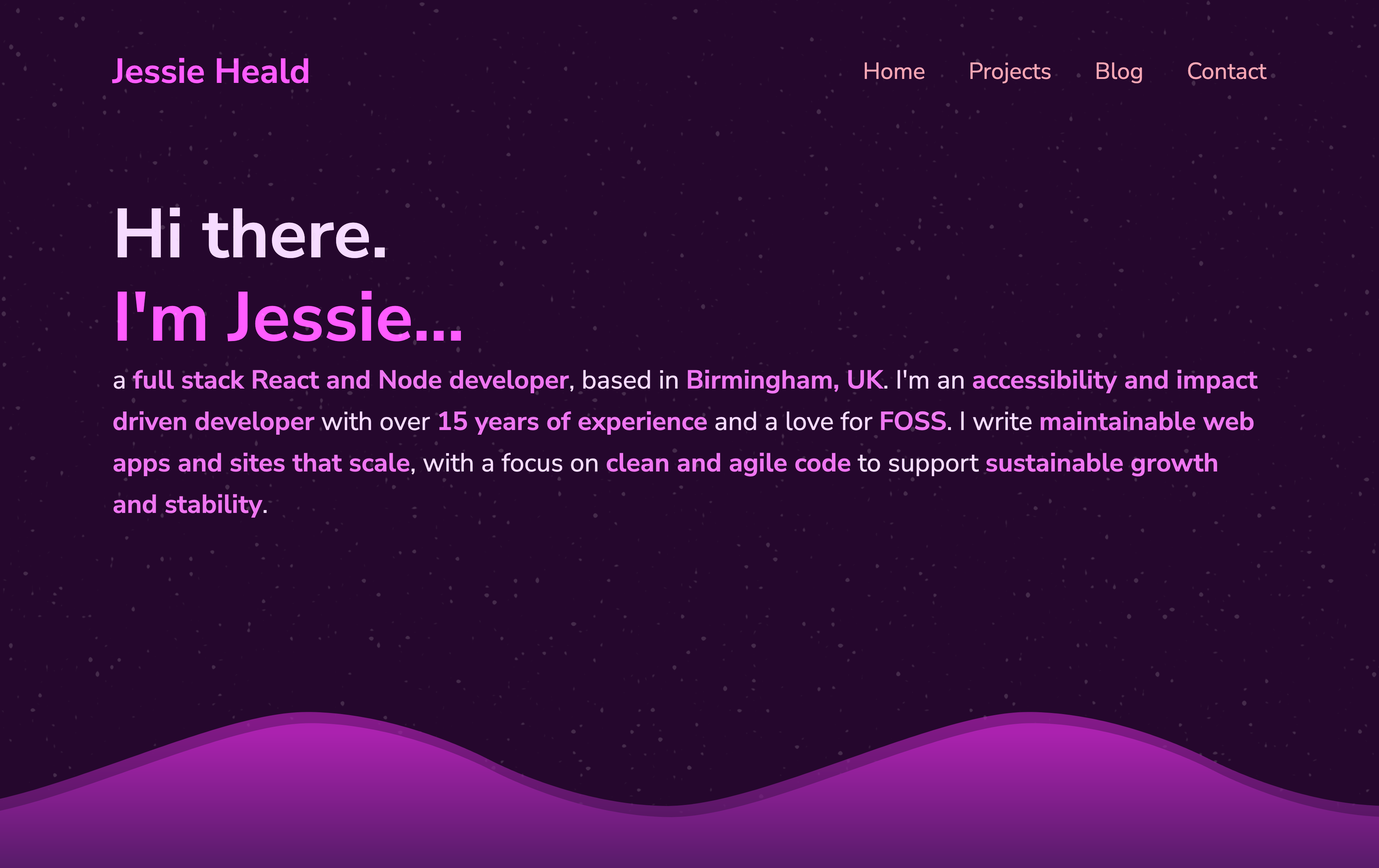 a screenshot of the home page with the dark purple background. On top of the purple background (behind all the text) is this very subtle stary night pattern scattered across above the waves.